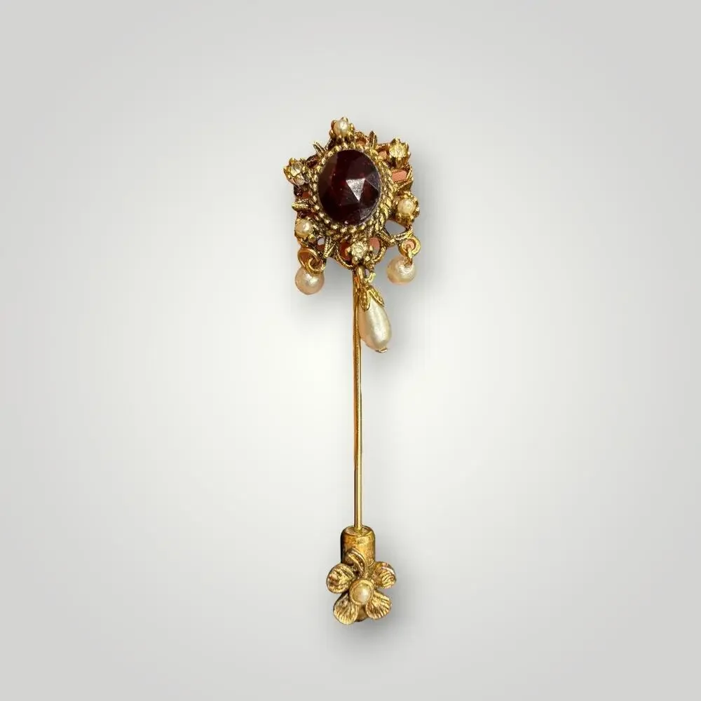 Vintage ART Signed Stick Pin Red Rhinestone Faux Pearl Gold Tone Victorian